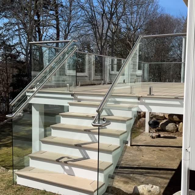 Finishing up this Beautiful glass handrail job down in Barnstable with Dave Corey and Kev doing the final details. All 1/2 clear glass from @qualityenclosuresinc and using hardware and top rails from @portalsluxuryhardware