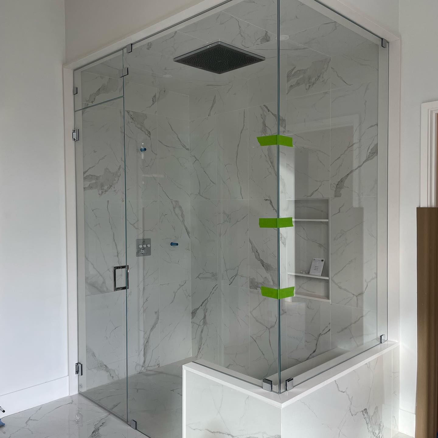 Steam enclosure using 3/8” low iron glass and chrome hardware. #glassenclosure