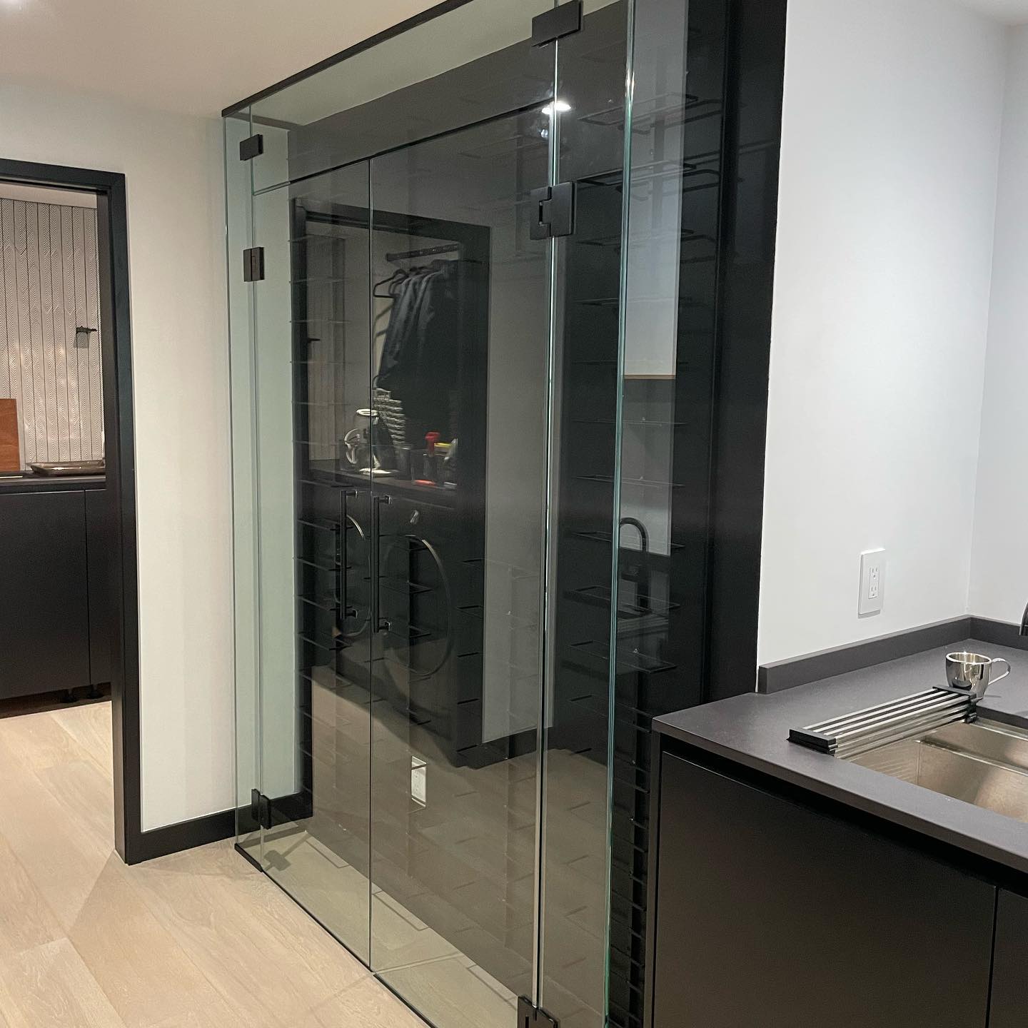 Matte black wine enclosure. #glassdoor #wine